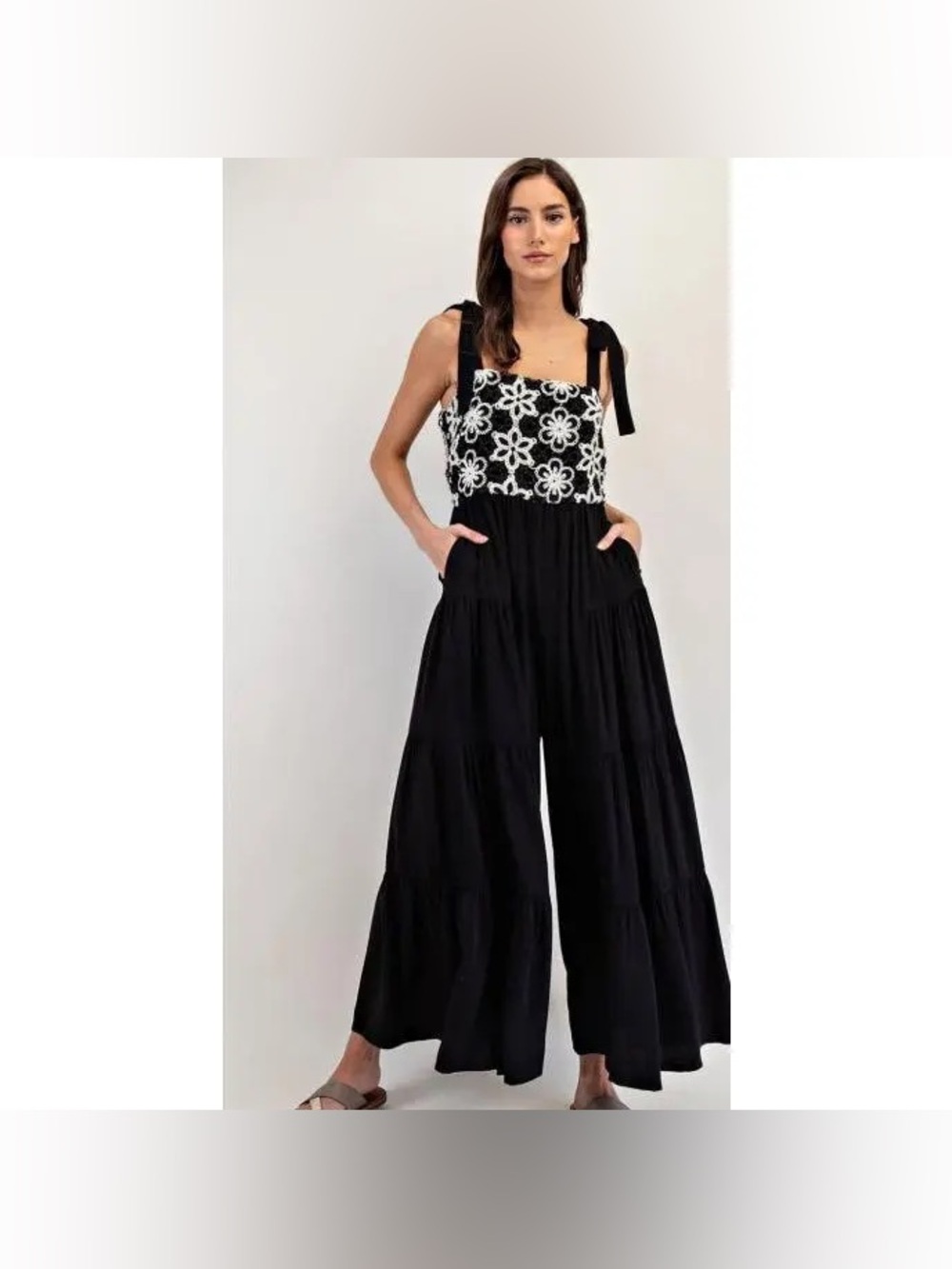 NWOT ee:some Black Floral Embroidered Tiered Leg Jumpsuit SZ MED